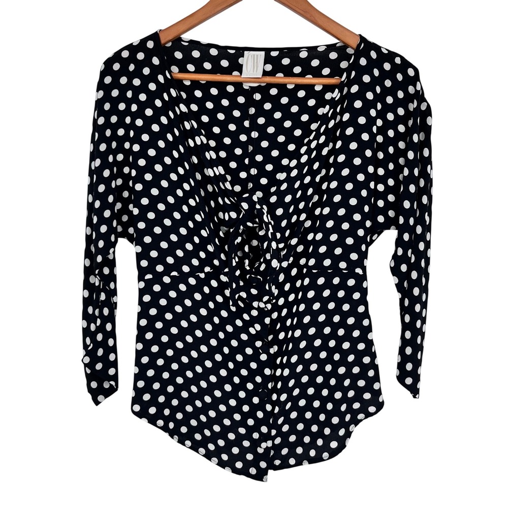 Vintage Clifford & Wills Blouse Women 8 Black White Polka Dot Tie Front Retro